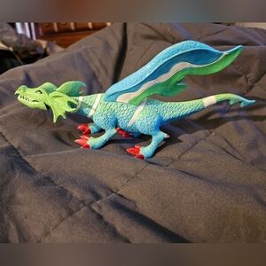 SDE Shantou 8"‎ Winged Dragon Figure Hinged Mouth Green White Blue